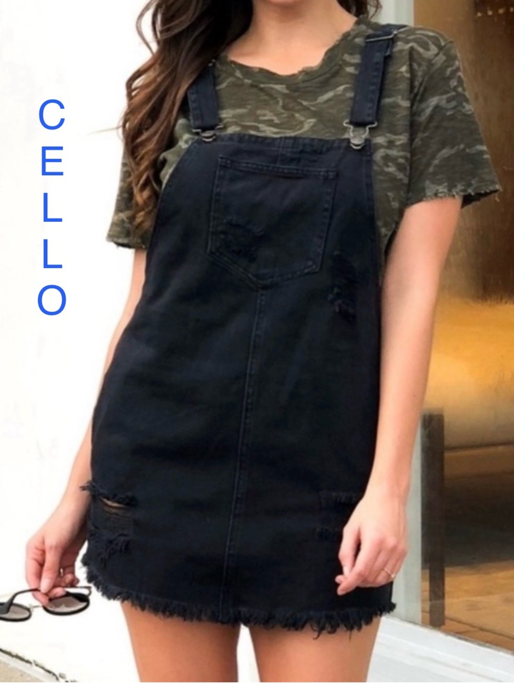Cello | Black Denim Overall Dress w/ Frayed Hem - Size Medium